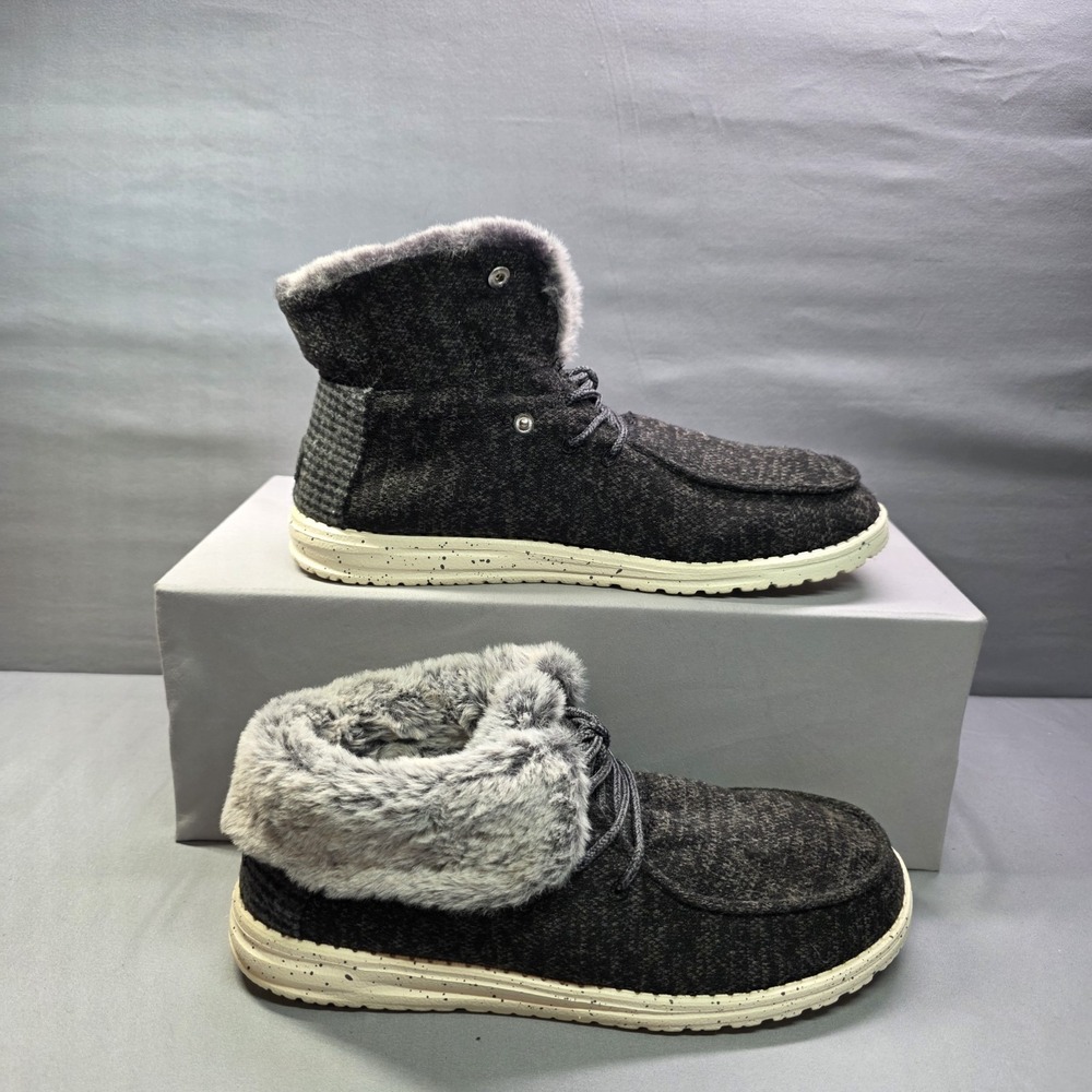 Hey Dude Wendy Fold Shoes Women's 10 Black Gray Faux Fur Booties Boots Warm Moc